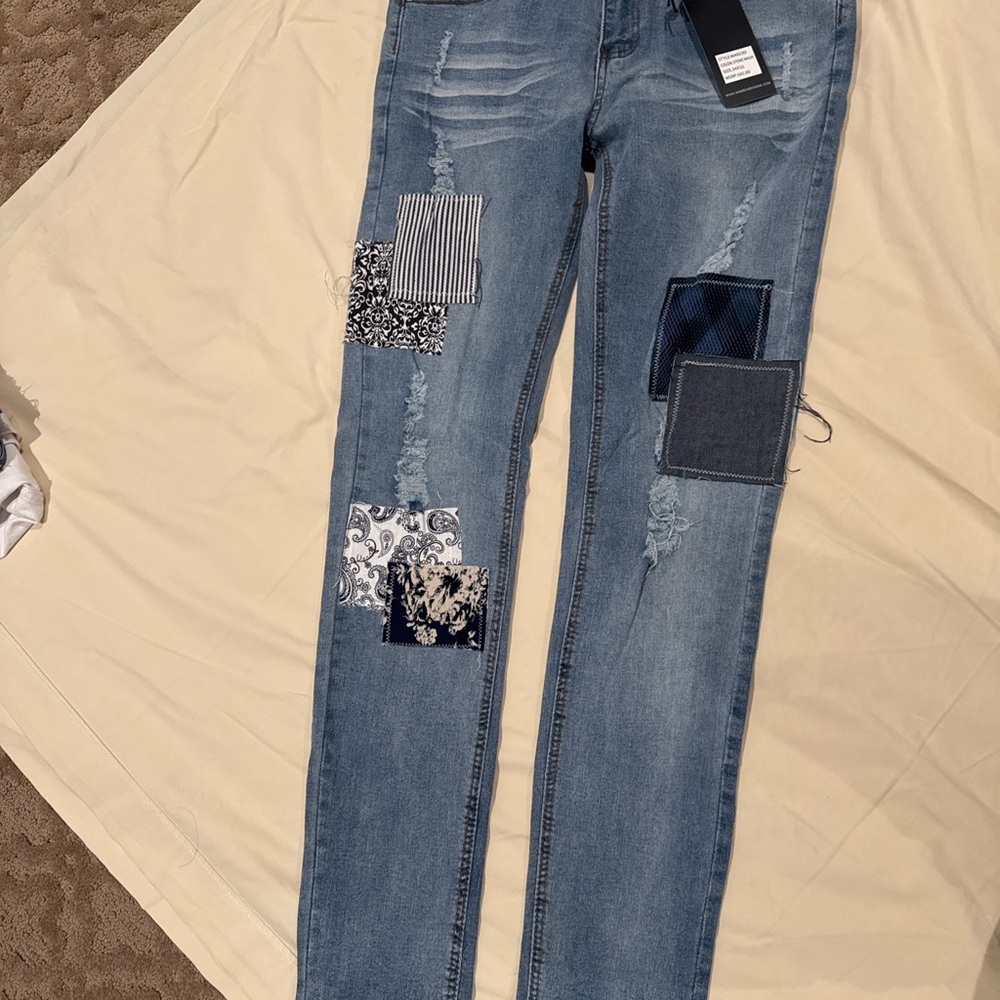 😊Men’s Blue Straight Leg Jeans with patch’s pattern